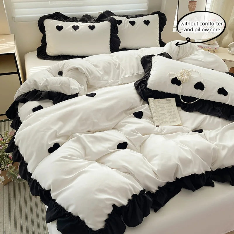 3 Piece Sheet Set  Black heart embroidery duvet cover Set ， comfortable Bedding Set Bedspread for All Season