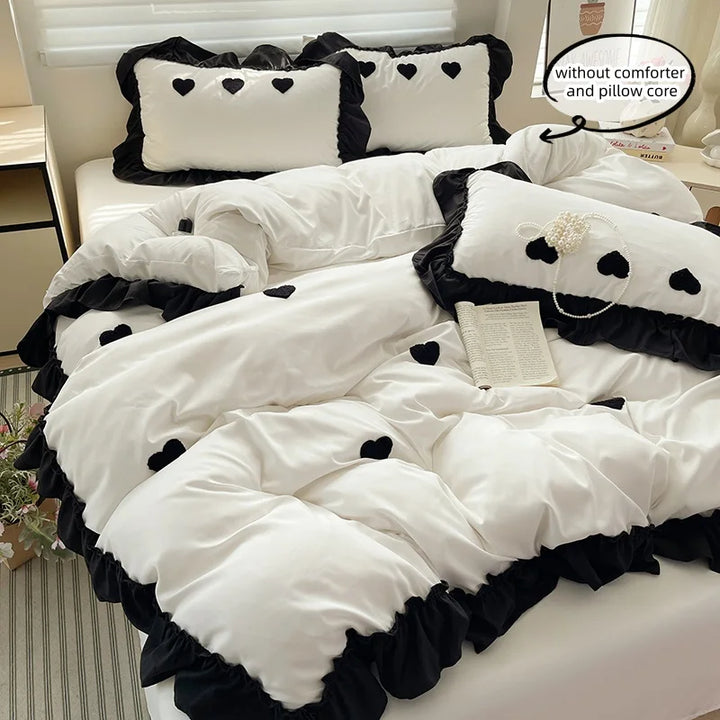 3 Piece Sheet Set  Black heart embroidery duvet cover Set ， comfortable Bedding Set Bedspread for All Season