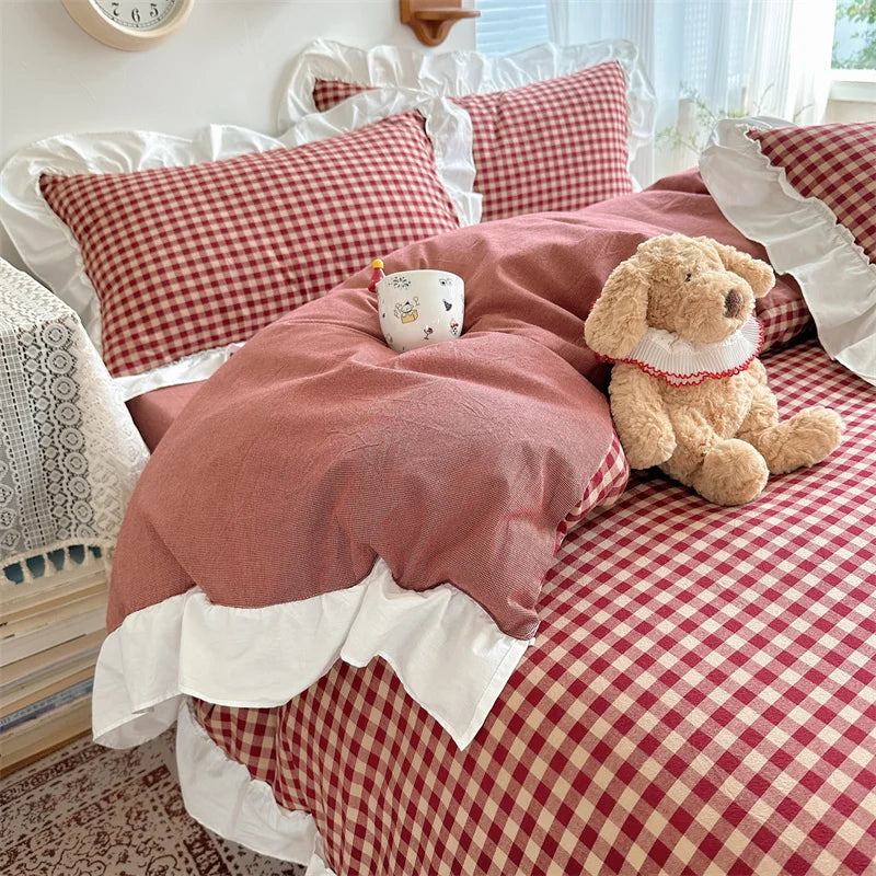 3pcs red,black plaid Duvet Cover Set (1*Duvet Cover + 2*Pillowcase, Without Core), Lace embroidery Bedding Set