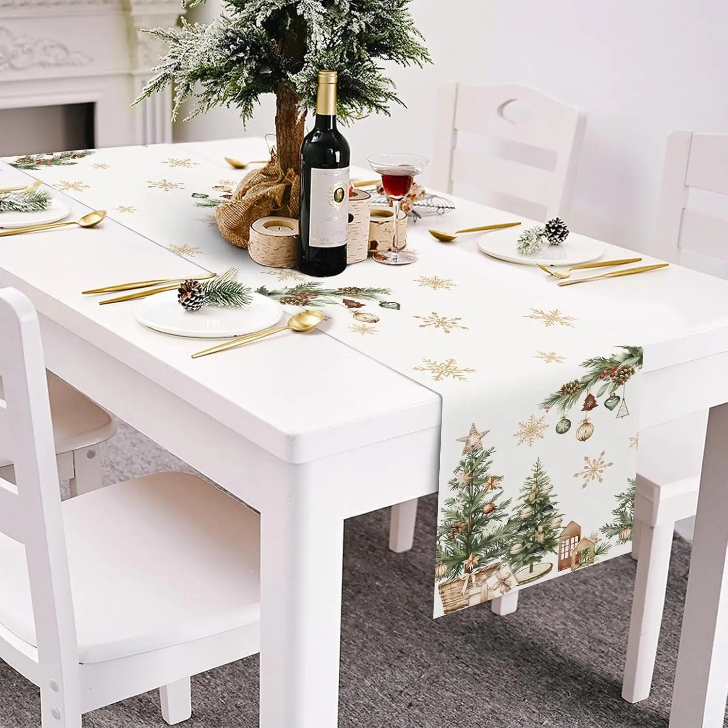 Christmas Snowflakes Xmas Trees Holly Table Runner Party Decor Winter Holiday Kitchen Dining Table Runner Christmas Decorations