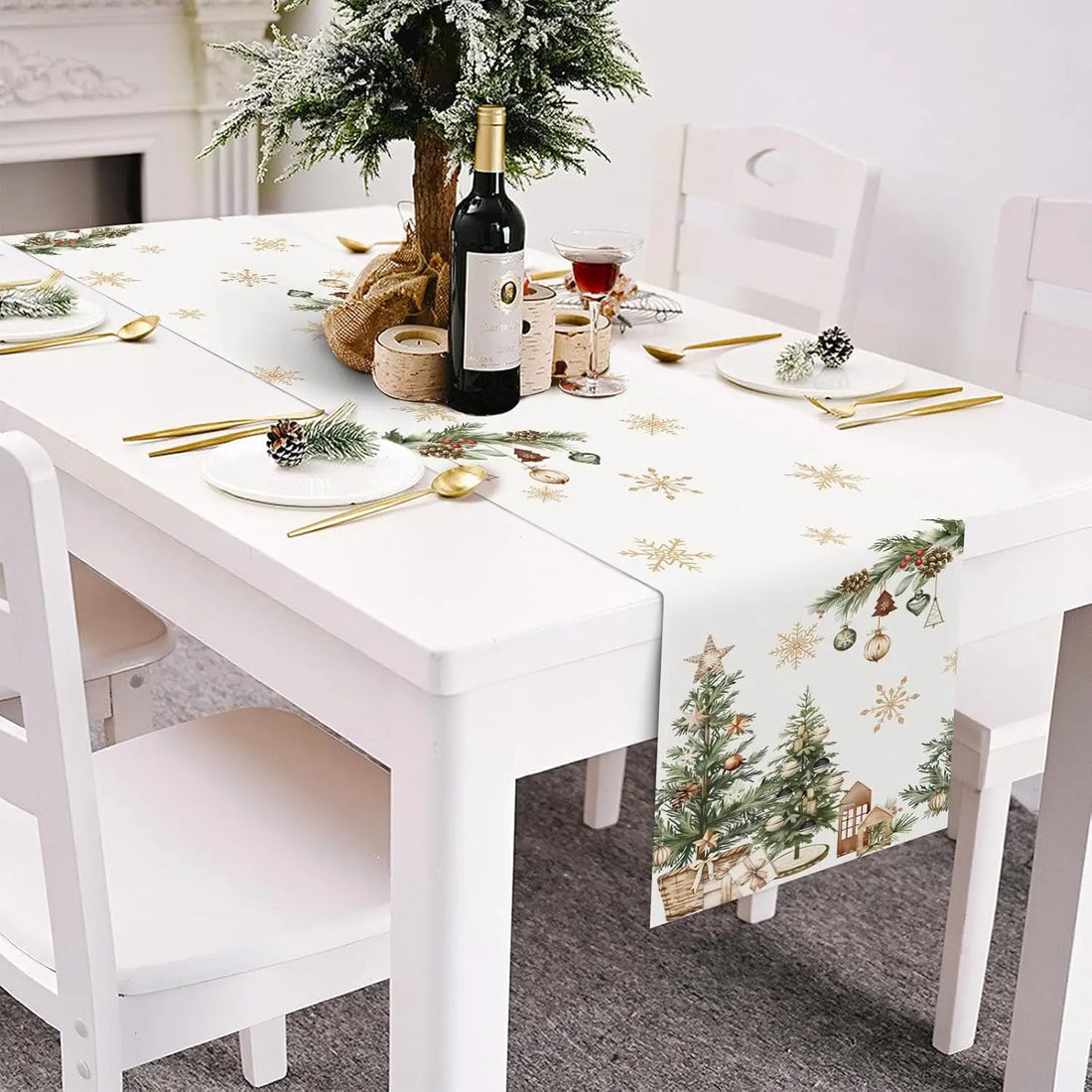 Christmas Snowflakes Xmas Trees Holly Table Runner Party Decor Winter Holiday Kitchen Dining Table Runner Christmas Decorations