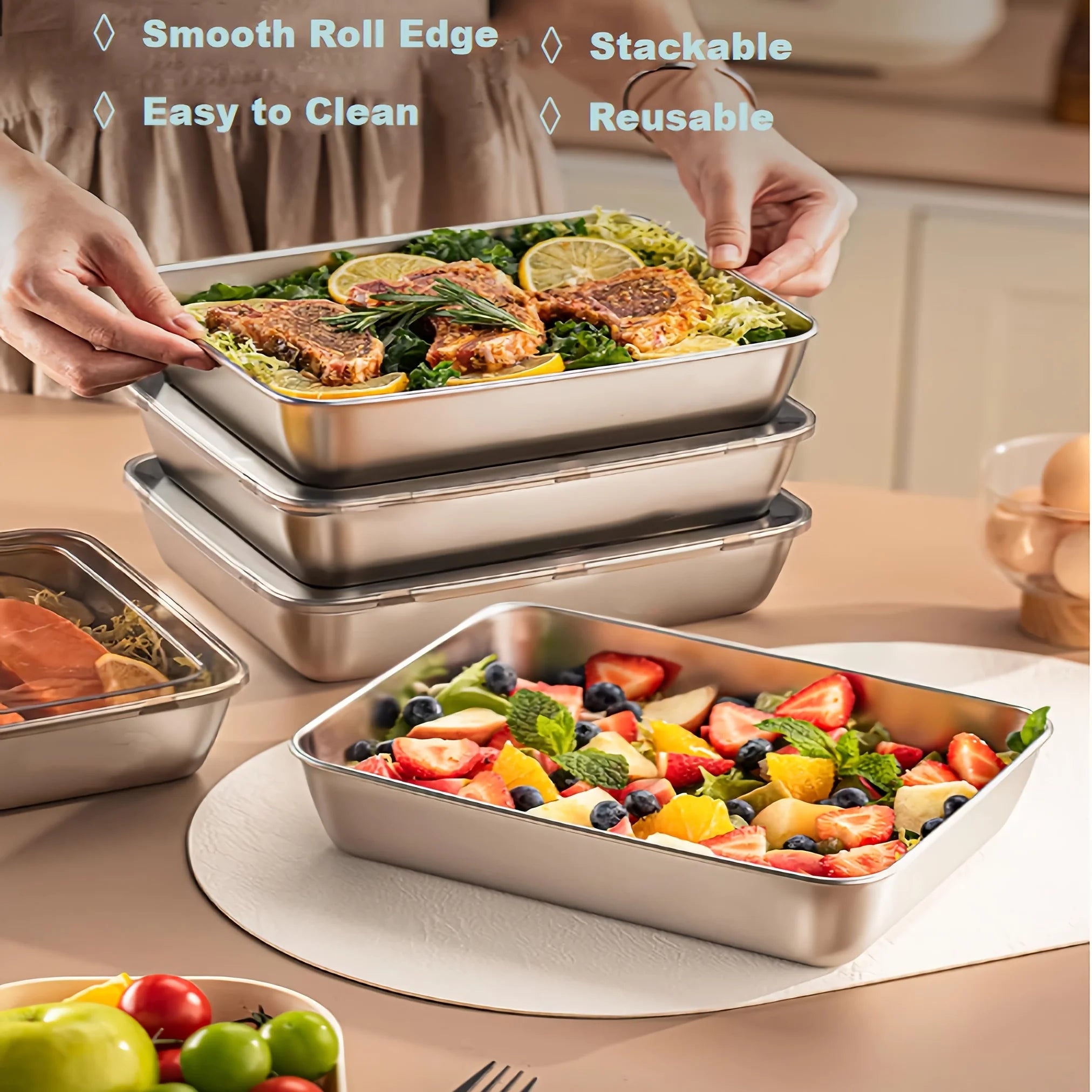 3-Piece Stainless Steel Food Containers - Leakproof Stackable with Clear Lids for Camping, Home & Meal Prep