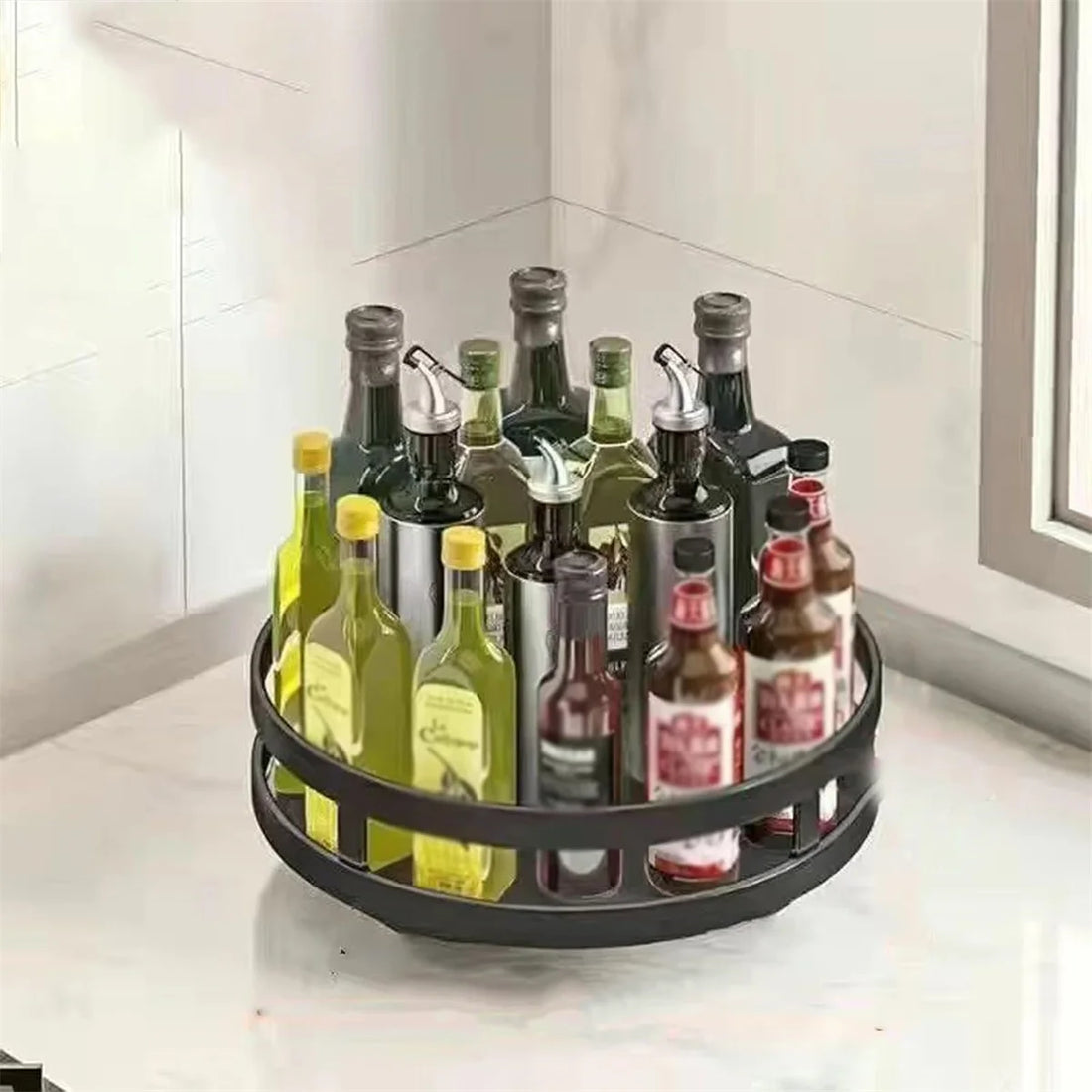 360° Rotating Spice Rack Organizer - Non-Skid Carbon Steel Seasoning & Jar Storage Tray
