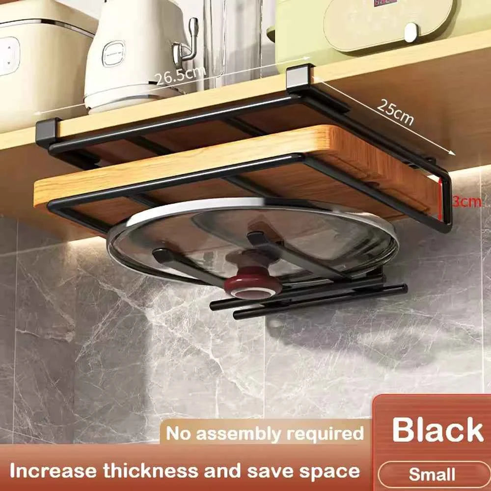 Under Cabinet Kitchen Hanging Organizer Rack with Hooks - Paper Towel, Cutting Board & Pot Lid Holder - Hom Haven