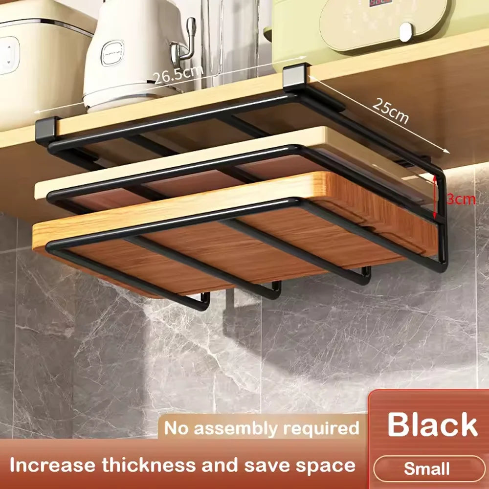 Kitchen Hanging Organizer Rack with Hooks Under Cupboard Paper Towel Rags Hanger Cutting Board Pot Cover Holder Storage Shelf