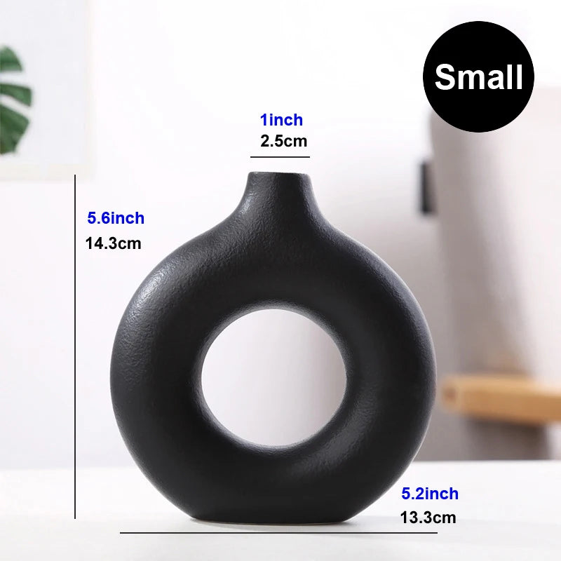 Nordic Circular Hollow Ceramic Donut Vase - Decorative Flower Pot for Living Room, Office & Desktop Decor