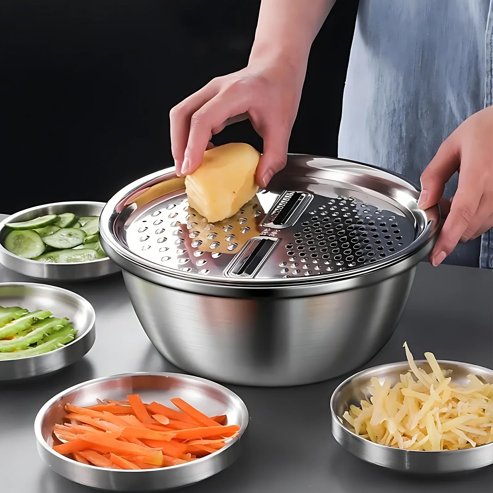 3 PCs Stainless Steel Vegetable Slicer Set with Drain Basket