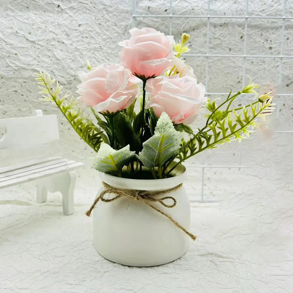 3-Rose Artificial Potted Plant - Realistic Fake Flower Miniscape with Vibrant Colors for Home Decor