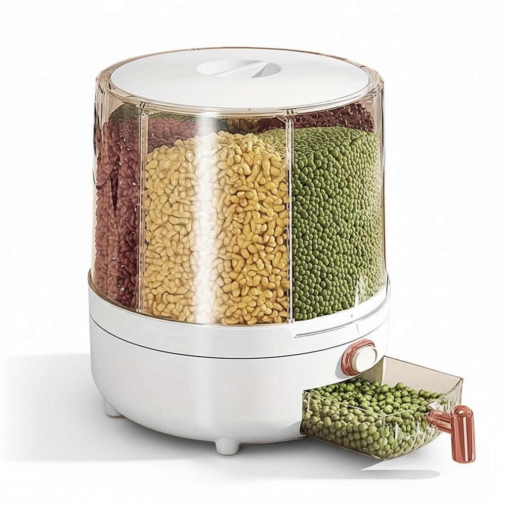 6-Compartment 360° Rotating Airtight Food Storage Container - Moisture-Proof Pantry Organizer for Cereal, Candy & Rice