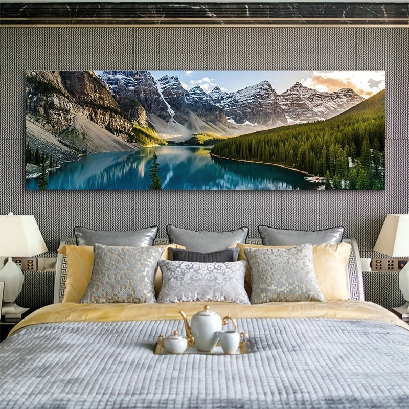 Landscape Canvas Wall Art - Lake, Forest & Mountain Scenery Painting Poster for Living Room & Bedroom - Hom Haven