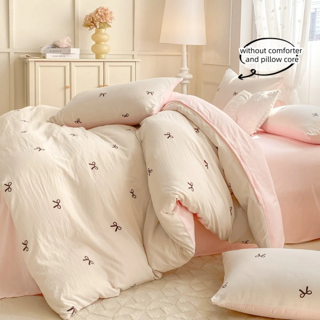 3 Piece Sheet Set  pink bowknot embroidery duvet cover Set ， comfortable Bedding Set Bedspread for All Season