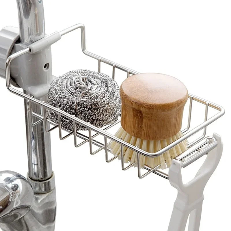 Stainless Steel Sink Faucet Shelf Adjustable Sponge & Towel Holder
