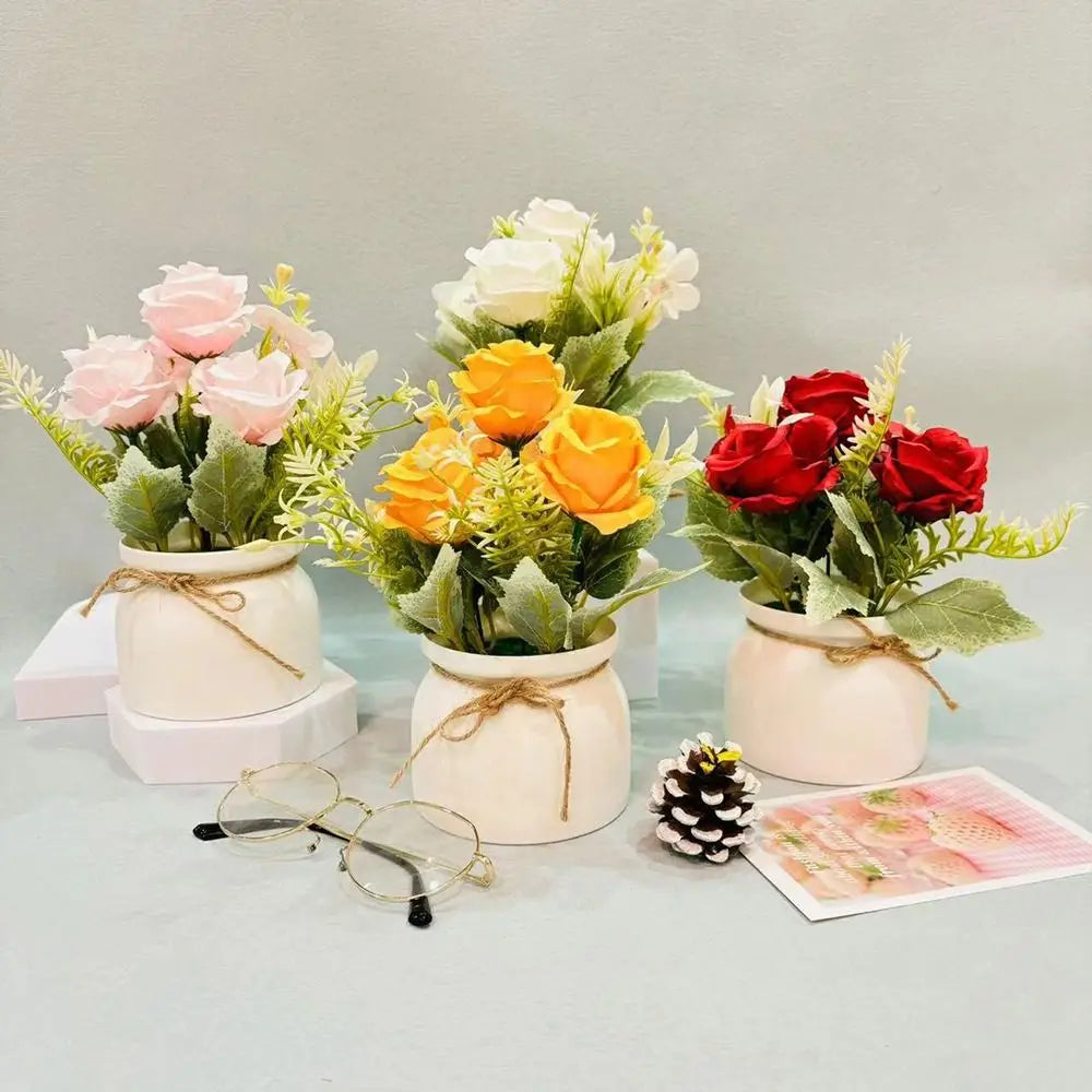 3-Rose Artificial Potted Plant - Realistic Fake Flower Miniscape with Vibrant Colors for Home Decor