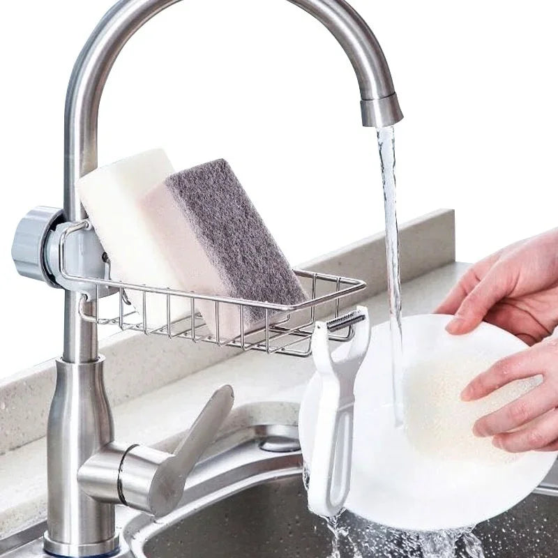 Stainless Steel Sink Faucet Shelf Adjustable Sponge & Towel Holder