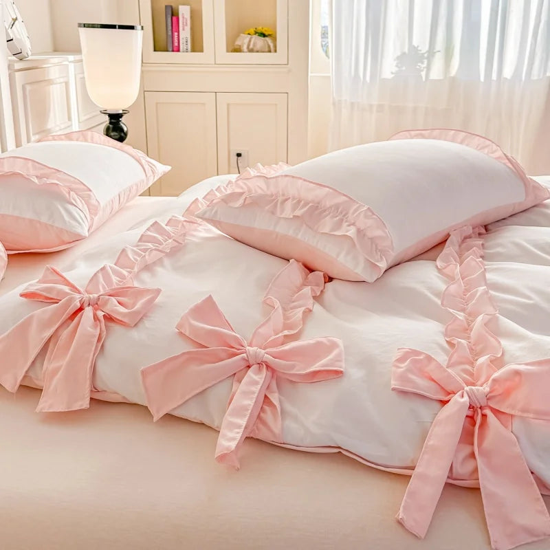 3 Piece Sheet Set  pink bowknot duvet cover Set ， comfortable Bedding Set Bedspread for All Season