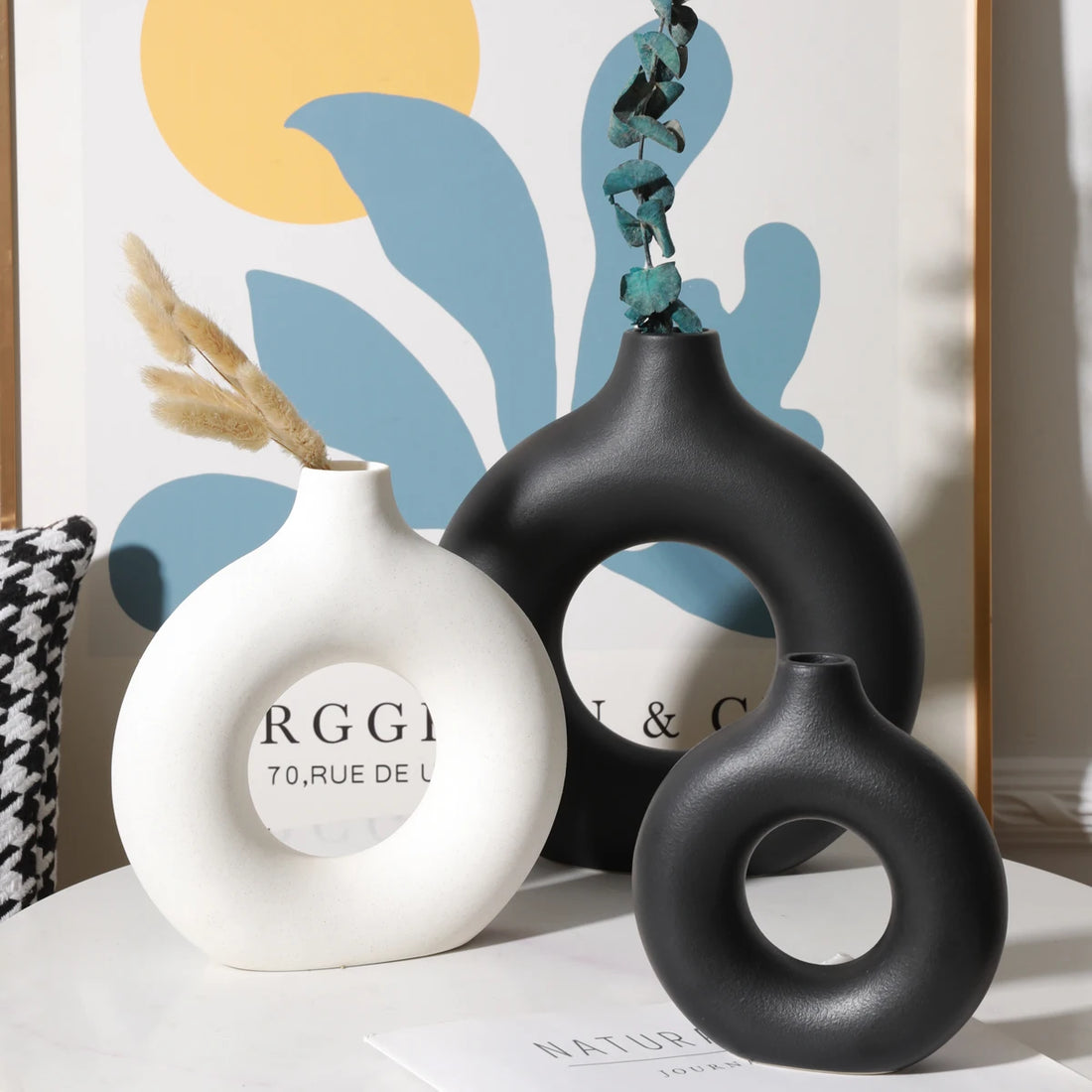 Nordic Circular Hollow Ceramic Donut Vase - Decorative Flower Pot for Living Room, Office & Desktop Decor