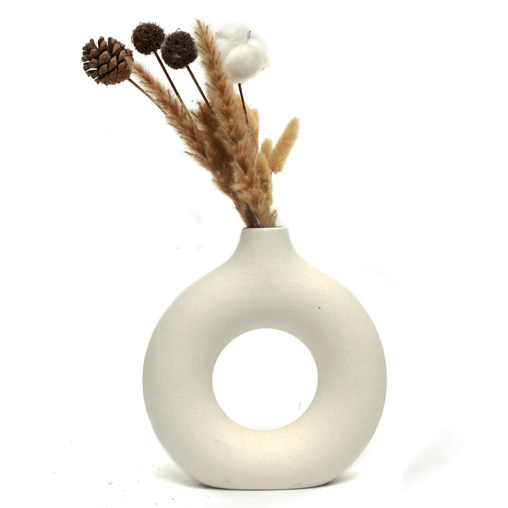 Nordic Circular Hollow Ceramic Donut Vase - Decorative Flower Pot for Living Room, Office & Desktop Decor