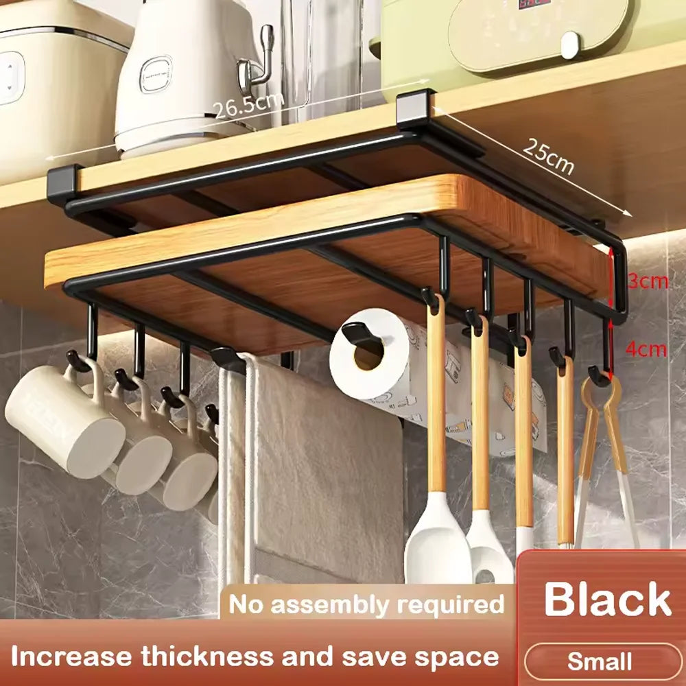 Kitchen Hanging Organizer Rack with Hooks Under Cupboard Paper Towel Rags Hanger Cutting Board Pot Cover Holder Storage Shelf