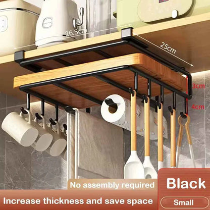 Under Cabinet Kitchen Hanging Organizer Rack with Hooks - Paper Towel, Cutting Board & Pot Lid Holder - Hom Haven