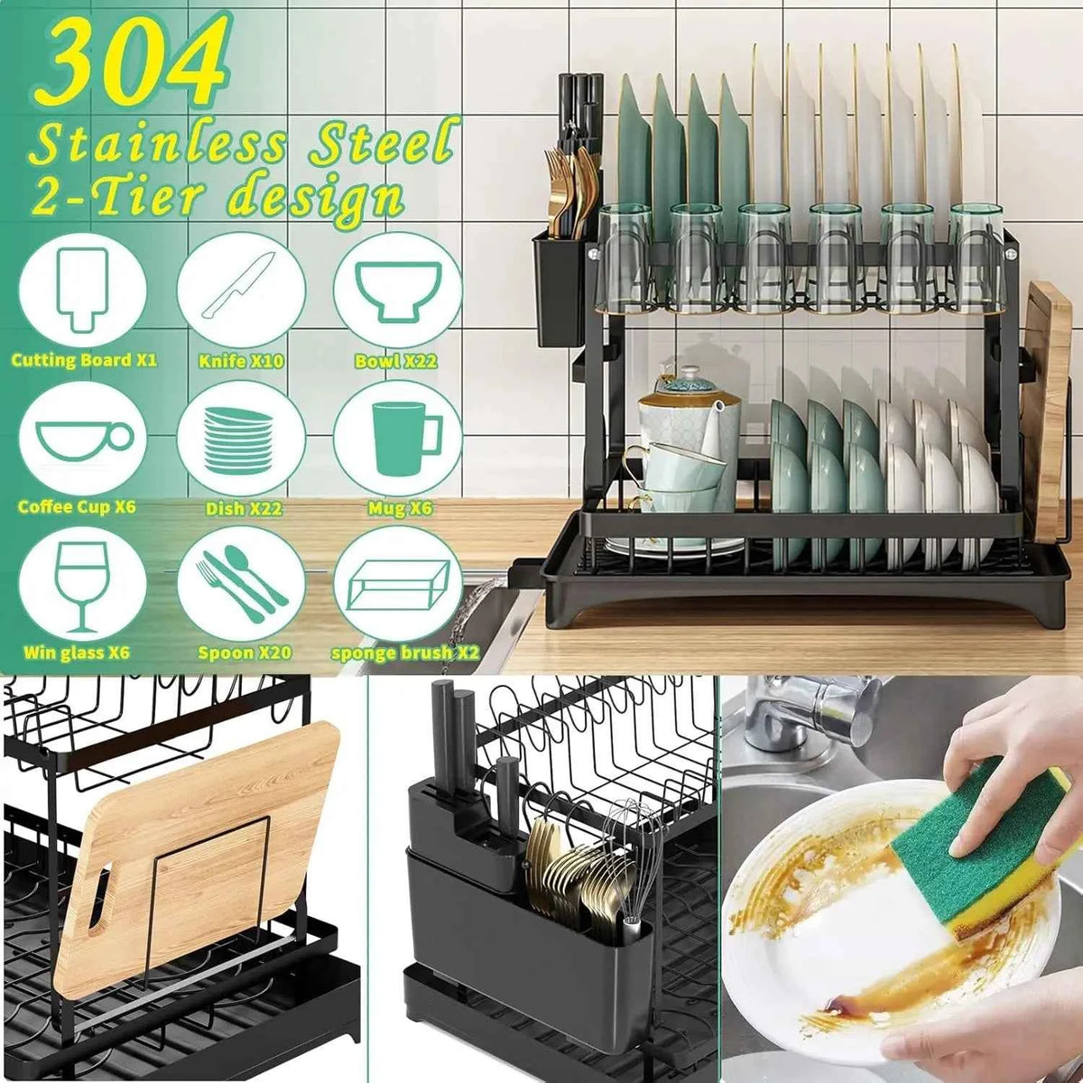 2-Tier Kitchen Dish Drying Rack with Drip Tray - Countertop Metal Dish Drainer - Hom Haven