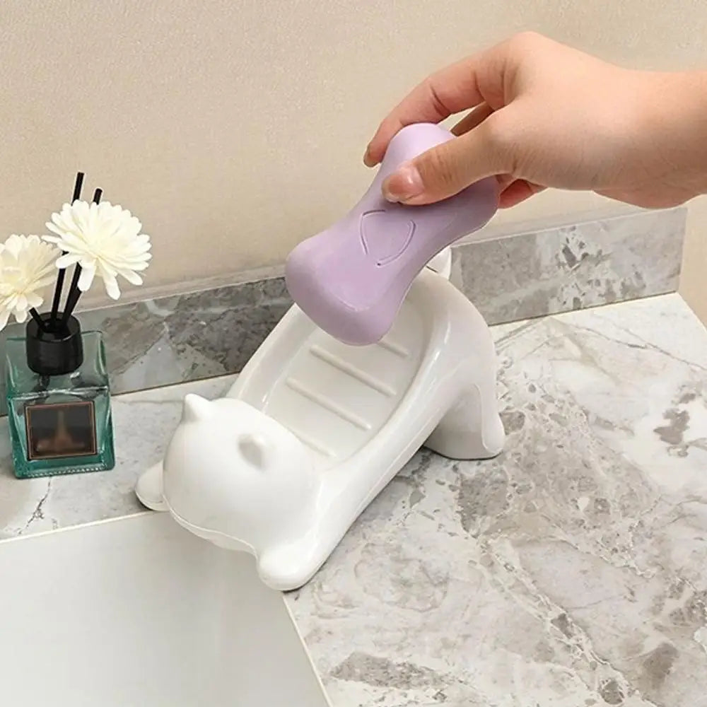 Cute Cartoon Cat Soap Dish with Drainage - Plastic Bathroom Holder for Soap & Sponges