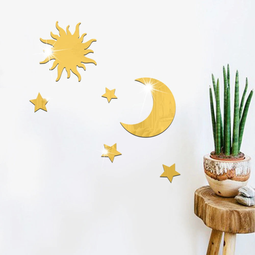 6-Piece Star & Moon Combination Mirror Wall Stickers - Acrylic 3D Self-Adhesive DIY Bedroom & Living Room Decor