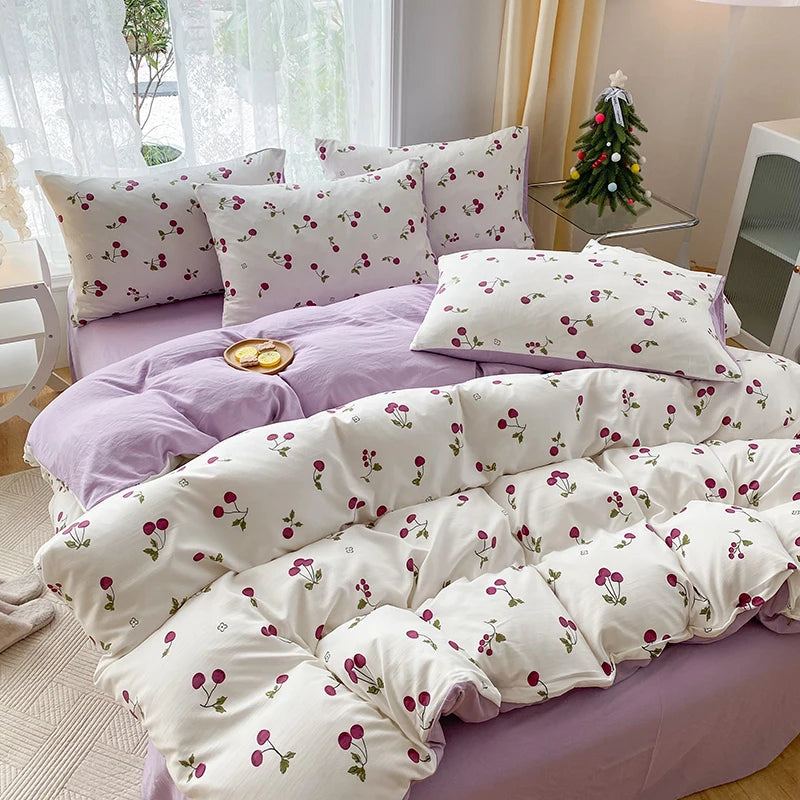 3-piece cartoon heart-shaped plant floral print set, a duvet cover and a pair of pillowcases (no padding), suitable for bedroom