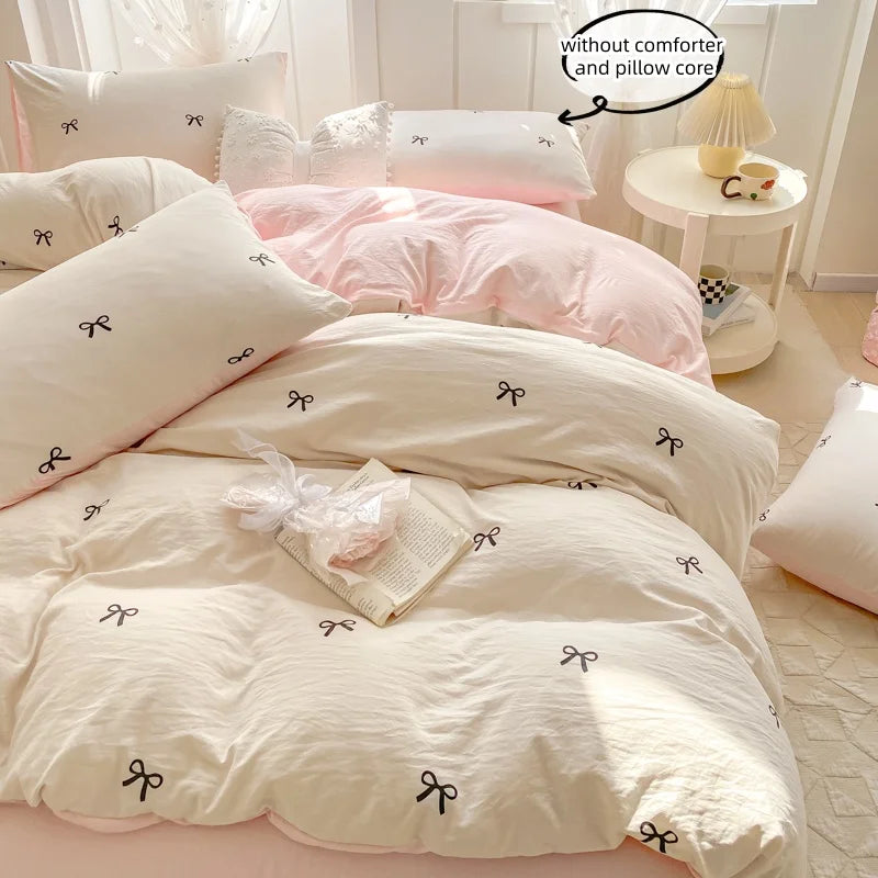 3 Piece Sheet Set  pink bowknot embroidery duvet cover Set ， comfortable Bedding Set Bedspread for All Season