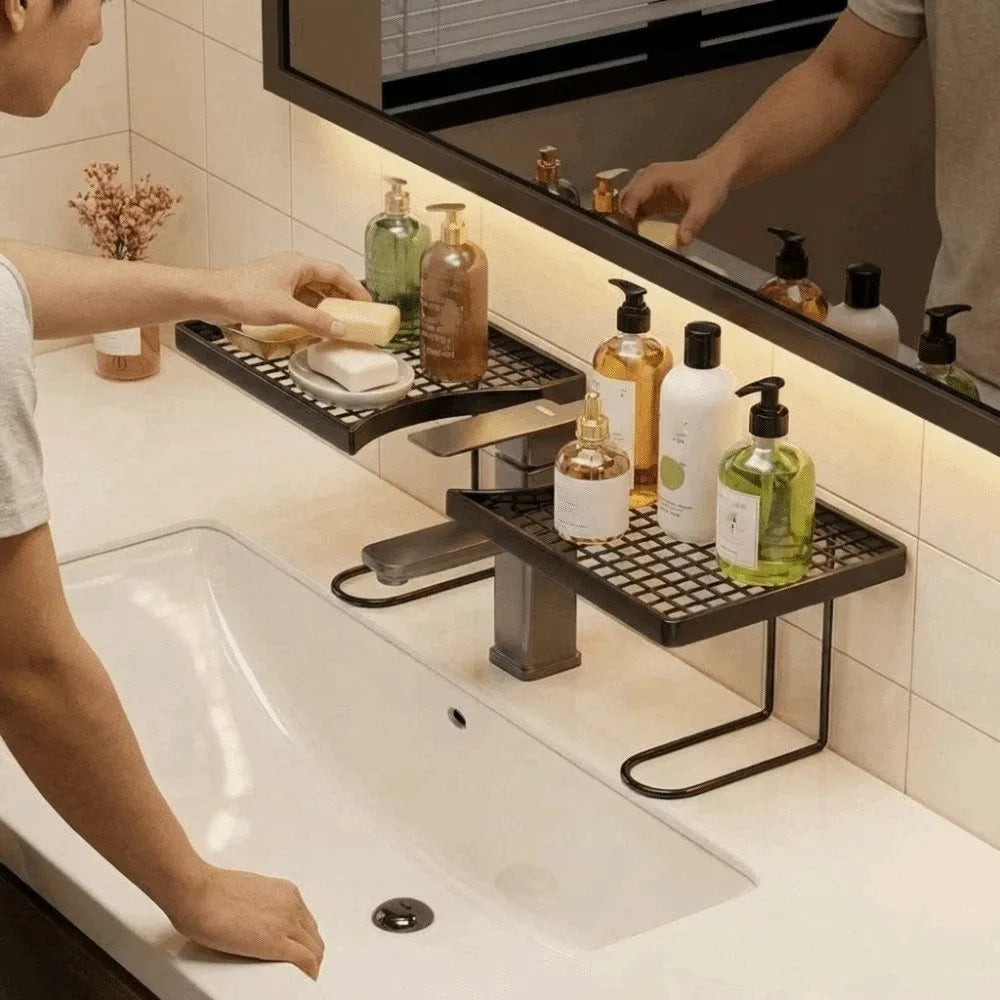 No-Drill Bathroom Storage Rack Mesh Drainage Kitchen & Faucet Organizer