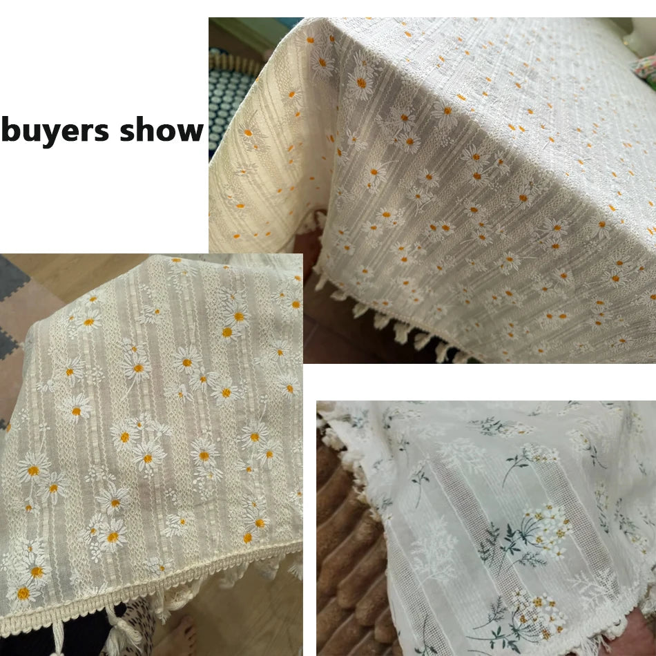Korean Style Small Daisy Cotton Floral Tablecloth,Tea Table Decoration,Rectangle Table Cover For Kitchen Wedding Dining Room