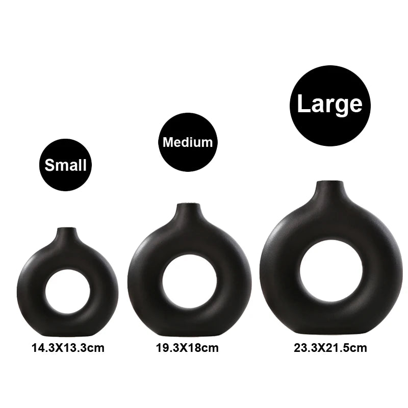 Nordic Circular Hollow Ceramic Donut Vase - Decorative Flower Pot for Living Room, Office & Desktop Decor