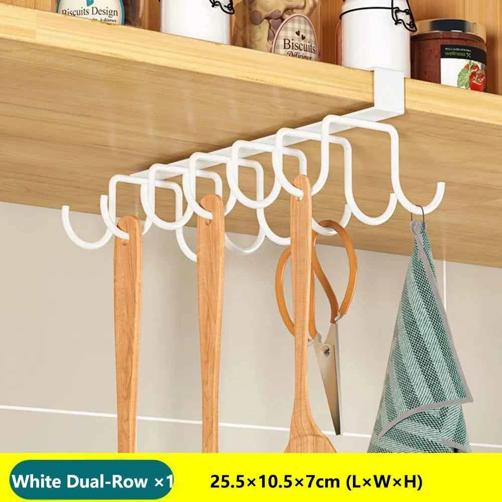 Under Cabinet Kitchen Hanging Organizer Rack with Hooks - Paper Towel, Cutting Board & Pot Lid Holder - Hom Haven
