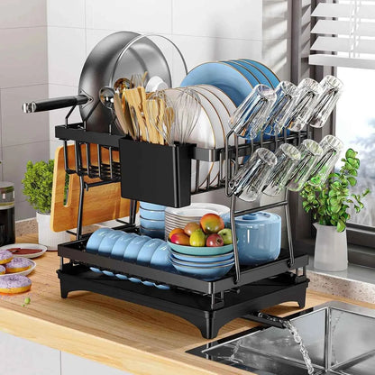 2-Tier Kitchen Dish Drying Rack with Drip Tray - Countertop Metal Dish Drainer - Hom Haven