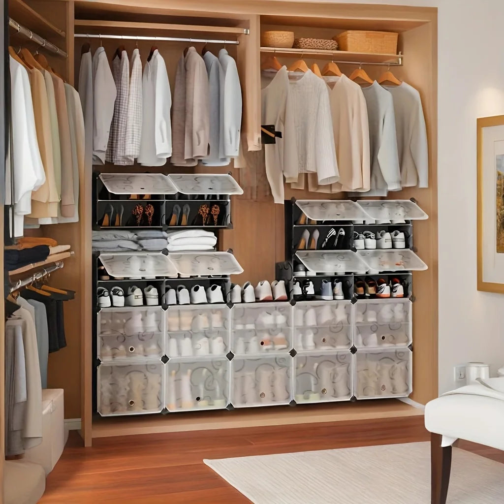 36 Grid Stackable Modular Shoe Rack - Large Capacity Clear, Adjustable for Sneakers/Heels, Entryway & Closet