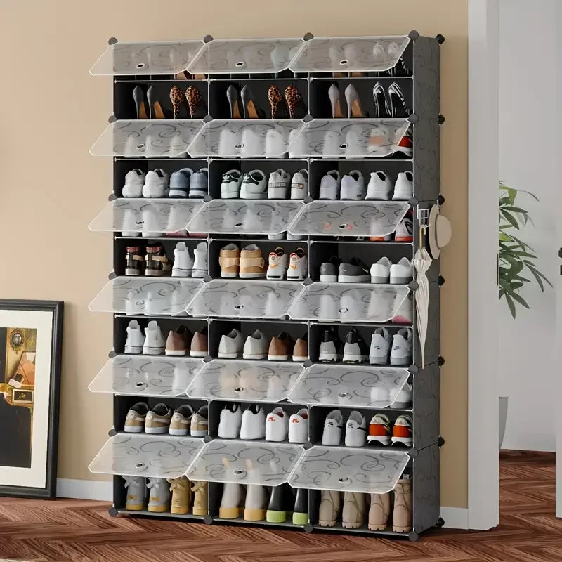 36 Grid Stackable Modular Shoe Rack - Large Capacity Clear, Adjustable for Sneakers/Heels, Entryway & Closet