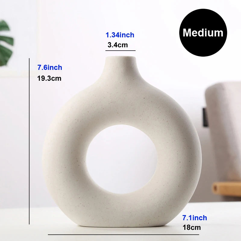 Nordic Circular Hollow Ceramic Donut Vase - Decorative Flower Pot for Living Room, Office & Desktop Decor