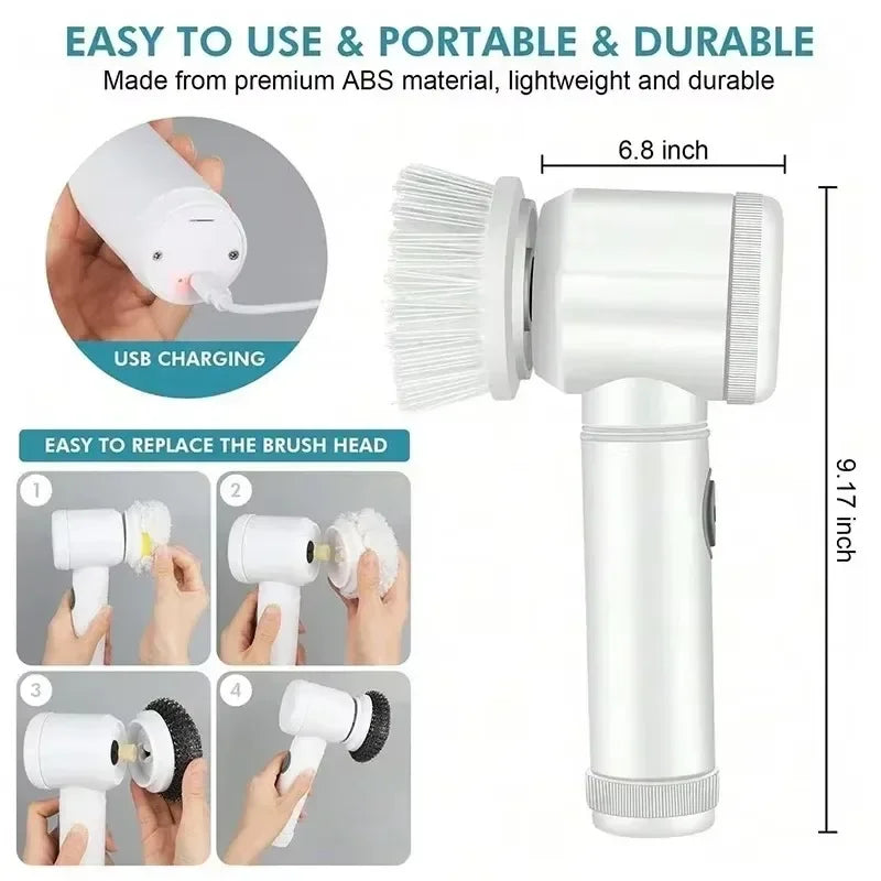 Cordless Electric Spin Scrubber 5-in-1 Brush for Bathroom Kitchen Cleaning