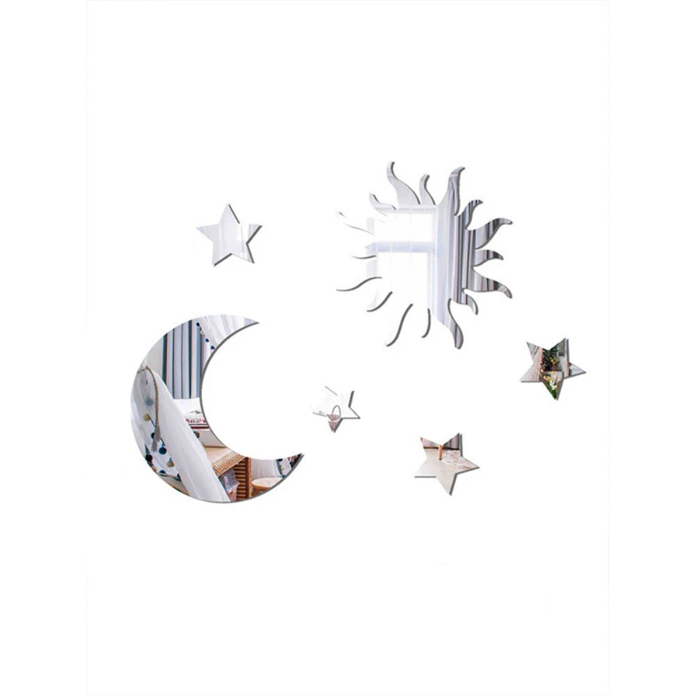 6-Piece Star & Moon Combination Mirror Wall Stickers - Acrylic 3D Self-Adhesive DIY Bedroom & Living Room Decor