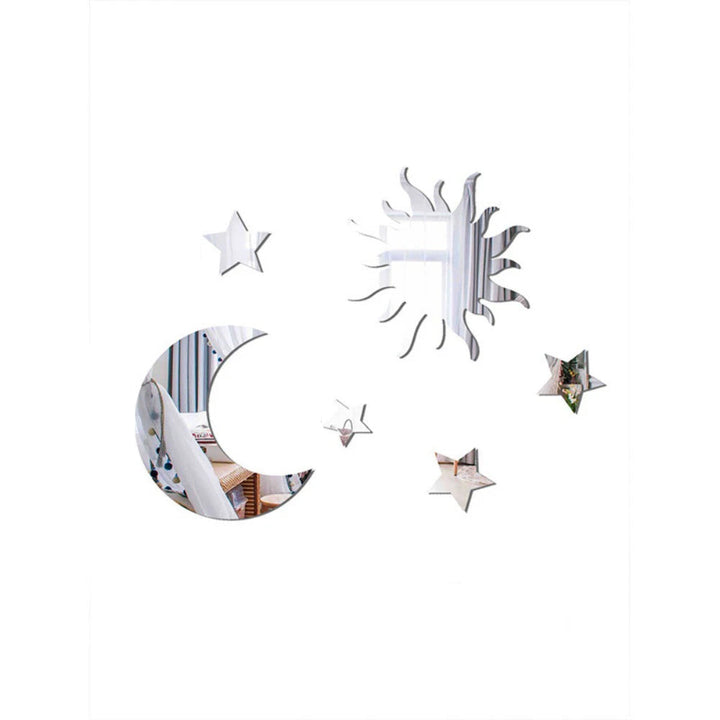 6-Piece Star & Moon Combination Mirror Wall Stickers - Acrylic 3D Self-Adhesive DIY Bedroom & Living Room Decor