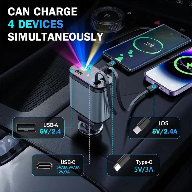 4-in-1 Retractable Car Charger with Starry Sky LED Spotlight