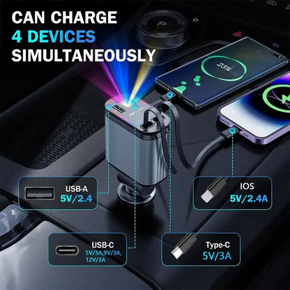 4-in-1 Retractable Car Charger with Starry Sky LED Spotlight - Hom Haven