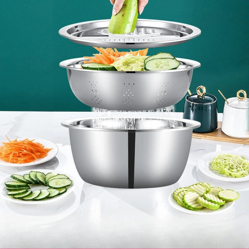 3 PCs Stainless Steel Vegetable Slicer Set with Drain Basket