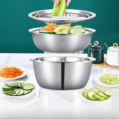 3 PCs Stainless Steel Vegetable Slicer Set with Drain Basket - Hom Haven