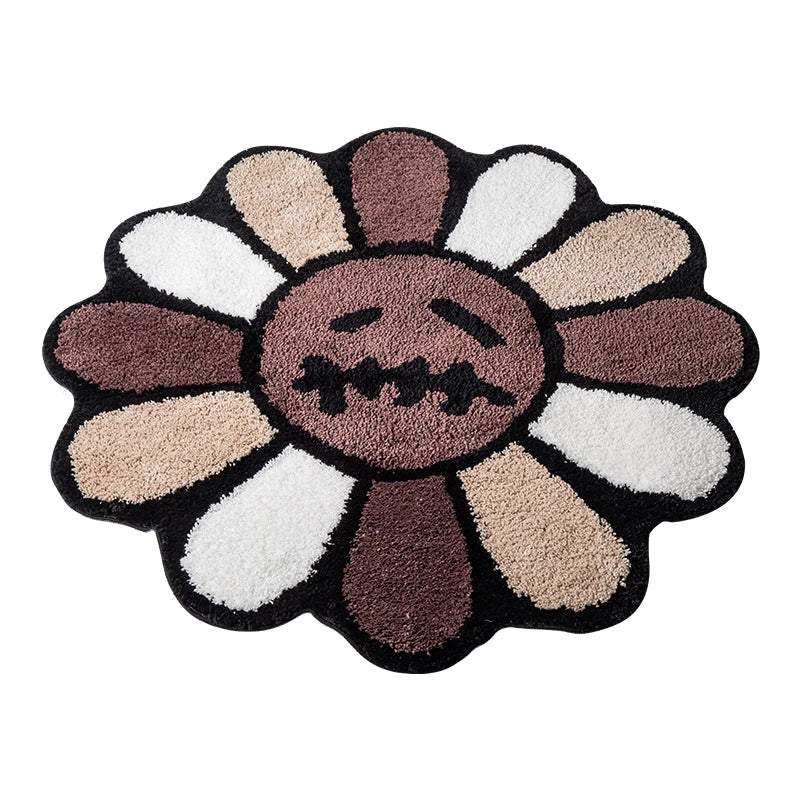 Smiling Face Tufted Round Rug - Retro Rainbow Flower Art Rug for Bedroom, Bathroom & Living Room