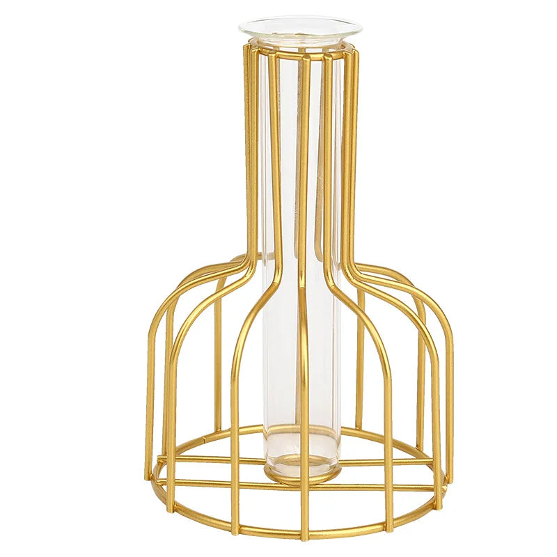 Nordic Iron Golden Hydroponic Vase - Living Room Table Top Decoration for Dried Flowers & Green Plants - Hom Haven