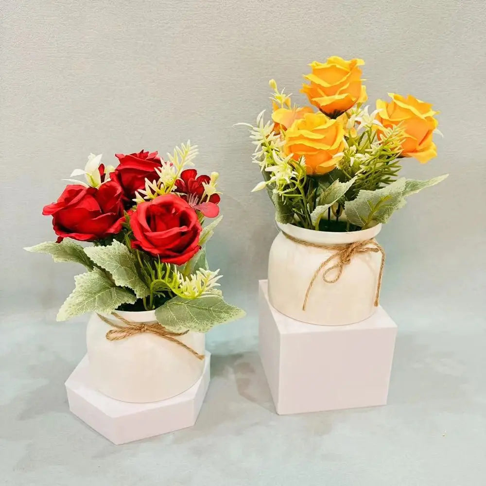 3-Rose Artificial Potted Plant - Realistic Fake Flower Miniscape with Vibrant Colors for Home Decor