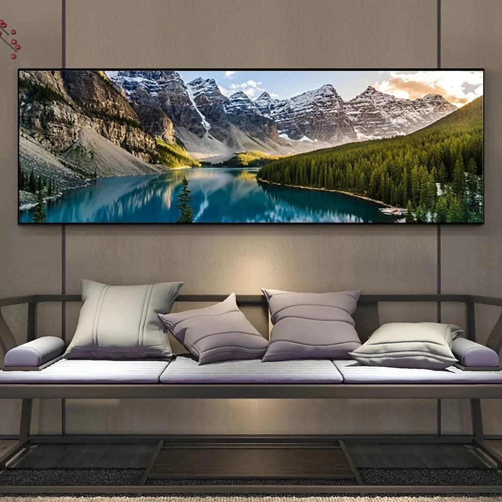 Landscape Canvas Wall Art - Lake, Forest & Mountain Scenery Painting Poster for Living Room & Bedroom - Hom Haven