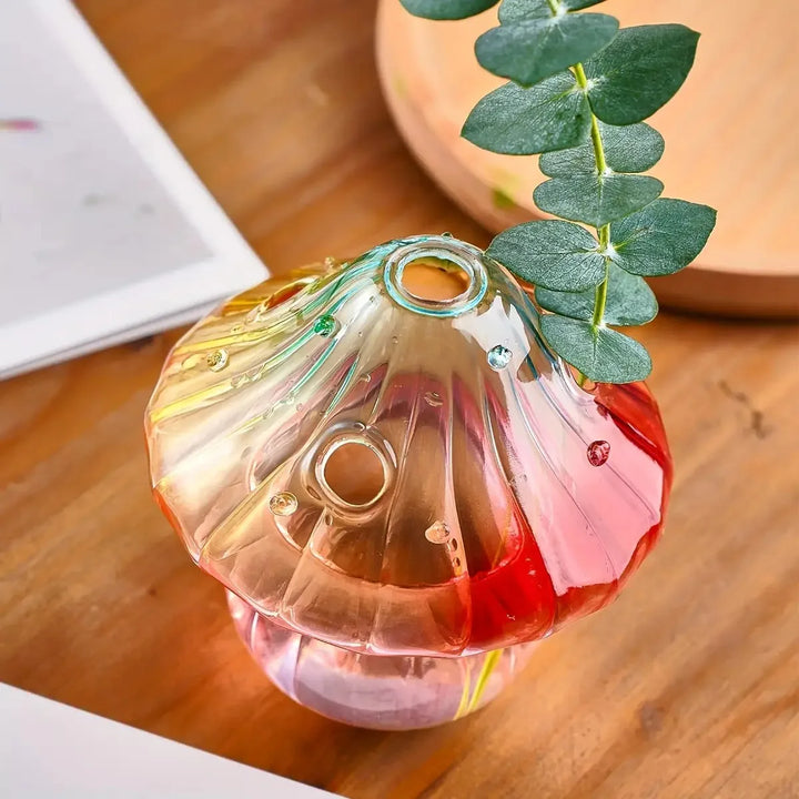 Boho Glass Mushroom Vase - Handcrafted Hydroponic Cylinder Planter for Living & Dining Room, Battery-Free Coffee Shop Decor