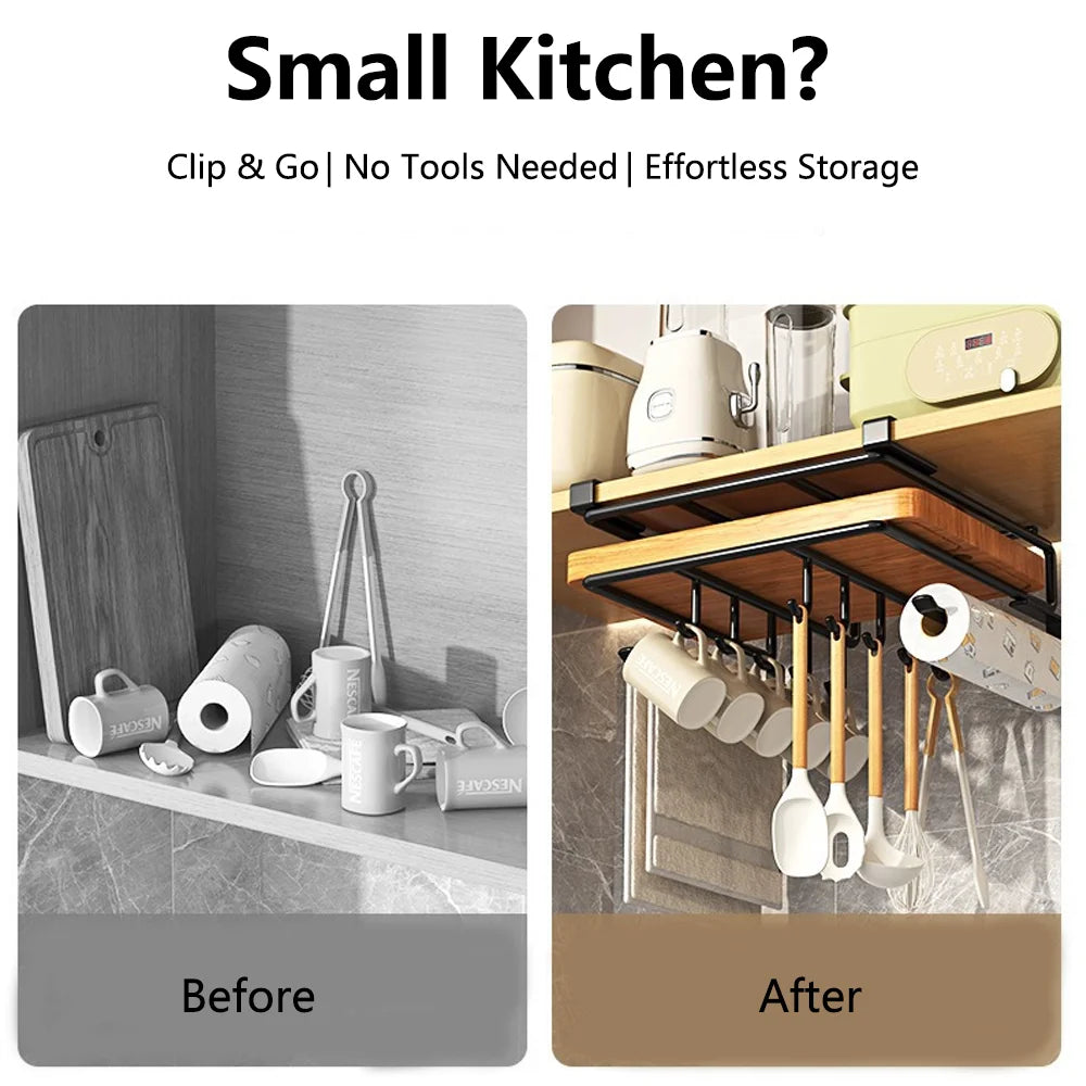 Kitchen Hanging Organizer Rack with Hooks Under Cupboard Paper Towel Rags Hanger Cutting Board Pot Cover Holder Storage Shelf