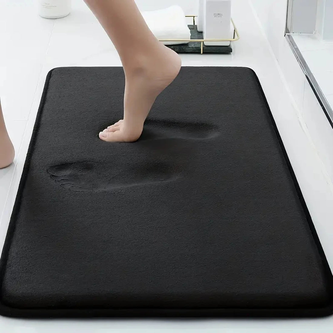Solid Color Thick Sponge Bathroom Floor Mat - Absorbent Non-Slip Flannel Shower & Door Mat